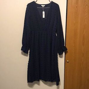Baltic Born navy blue long sleeved midi dress with polka dot details. S: Large.